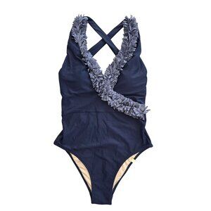 Summersalt confetti deep dive Women Criss-Cross Ruffle Swimsuit Navy Blue Sz 4